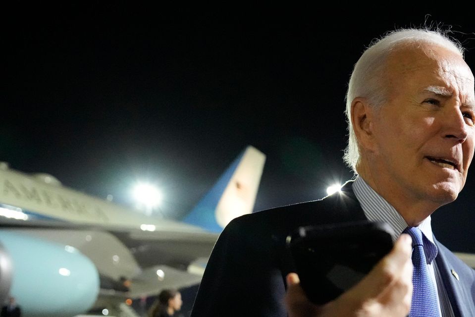 US President Joe Biden speaks to the media after arriving at Brandenburg Airport in Schoenefeld near Berlin (Ben Curtis/AP)