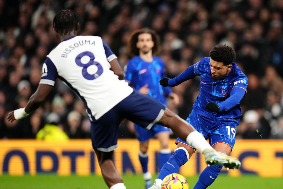 Jadon Sancho scores Chelsea’s first goal (John Walton/PA)