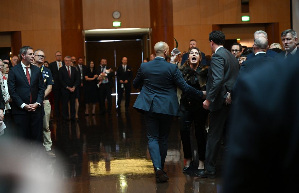 Australian senator Lidia Thorpe protests during the ceremonial welcome to Australia for King Charles and Queen Camilla at Australian Parliament House in Canberra (Victoria Jones/PA)