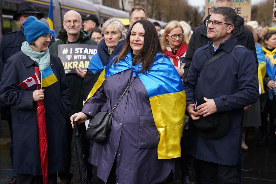 Ukrainian ambassador to Ireland Larysa Gerasko joins the demonstration (Brian Lawless/PA)