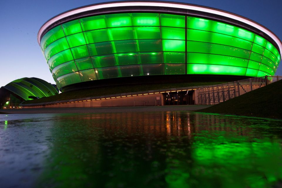 Glasgow's SSE Hydro Arena and Armadillo in Scotland illuminated green as they are among mo