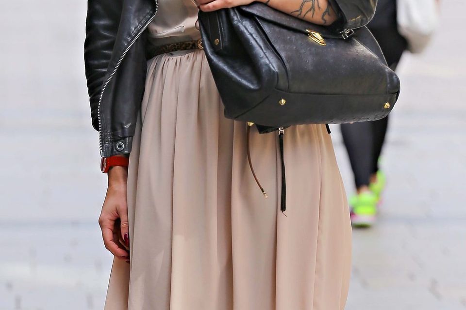 Outfit Inspiration: Mila Kunis Street Style, Leather Dress, Midi Skirt