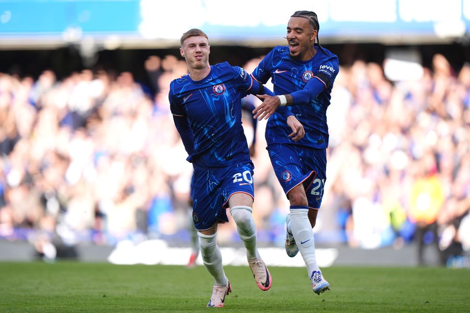 Cole Palmer, left, celebrates his third goal (Bradley Collyer/PA)