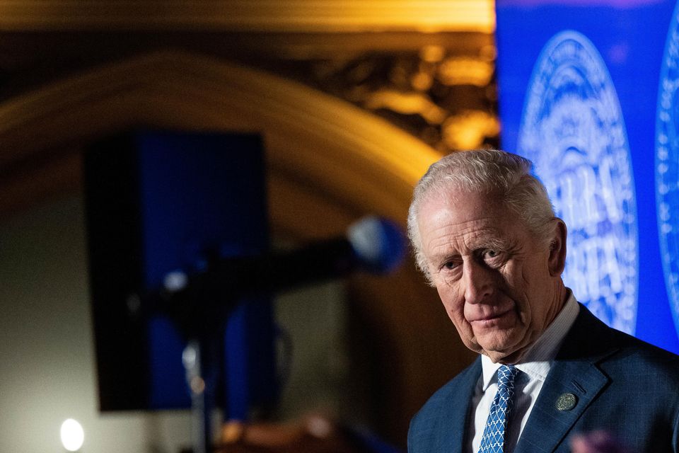 Charles listens on as SMI chief executive Jennifer Jordan-Saifi speaks at the Sustainable Markets Initiative Terra Carta Exhibition (Jeff Spicer/PA)