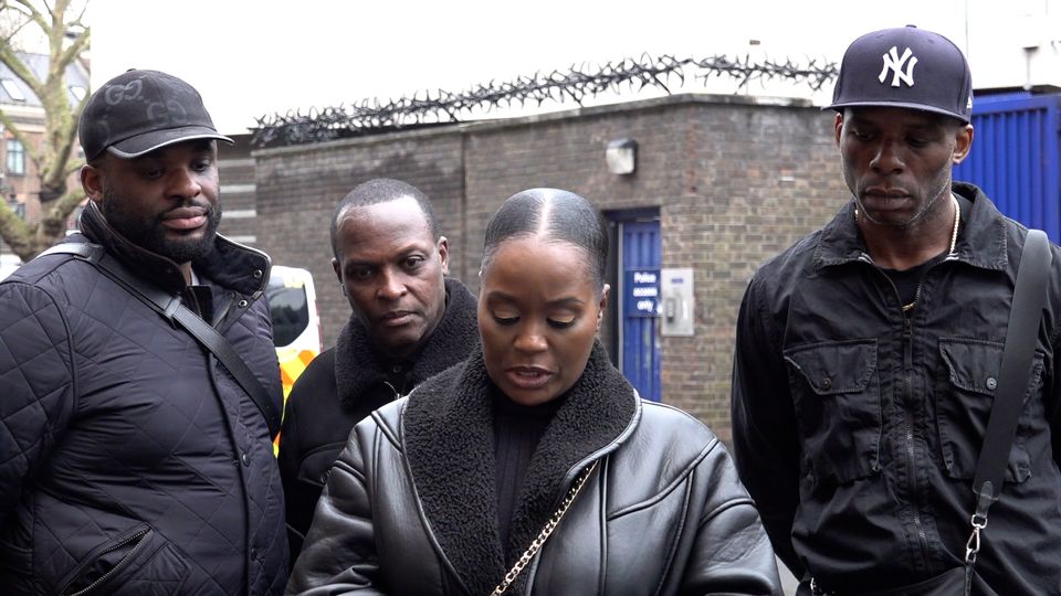 Victoria Tawiah, the sister of James Akinwande, who was 18 when he was stabbed in 1994, accompanied by her family as she makes a statement outside Brixton Police Station (Ian Sheridan/PA)