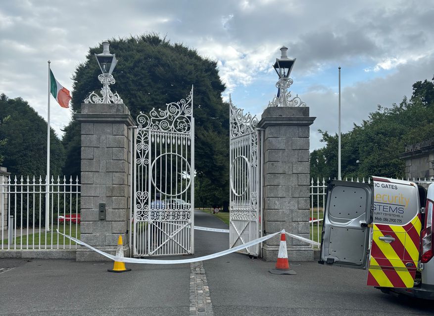 The damaged gates at Dublin’s Phoenix Park, the official residence of Ireland’s President, Michael D Higgins (Cate McCurry/PA)