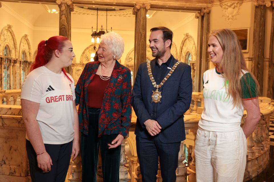 (From left to right) Paralympian Katie Morrow (wheelchair basketball) and Olympian Erin Creighton (track cycling – team pursuit) join Lady Mary Peters and Lord Mayor of Belfast, Councillor Micky Murray, at a special reception in City Hall to celebrate a historic sporting summer for Belfast-based Olympic and Paralympic athletes.