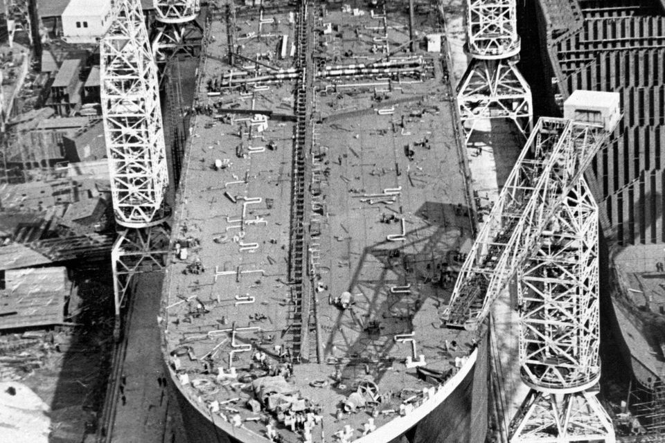 An aerial view of the launch of the tanker Myrina. 7/9/1967