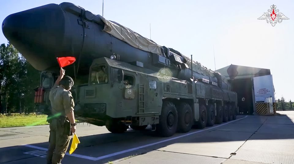 A Russian RS-24 Yars strategic ballistic missiles launcher during a drill in the Ivanovo region of Russia (Russian Defence Ministry Press Service/AP)