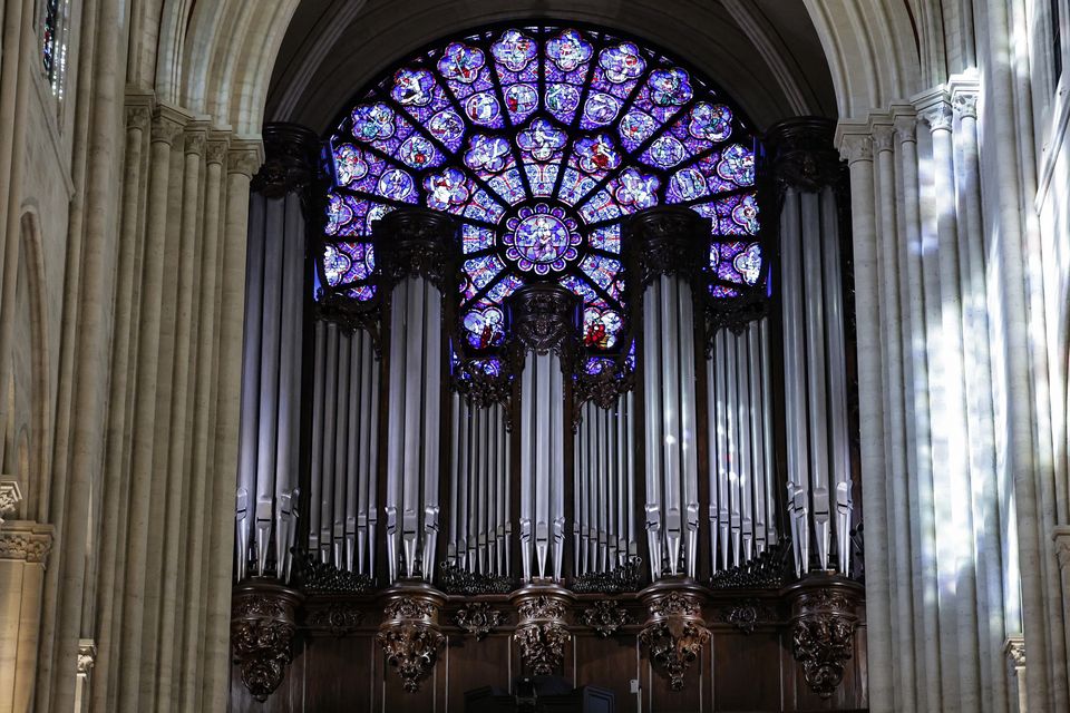 The western Rose window and the organ of Notre Dame (Stephane de Sakutin/Pool Photo via AP)