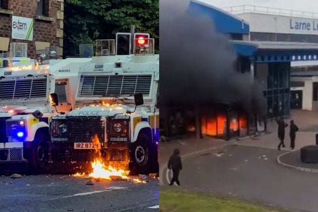 Petrol bombs thrown at police with baton rounds fired at rioters in Ballymena, as Larne Leisure Centre also attacked
