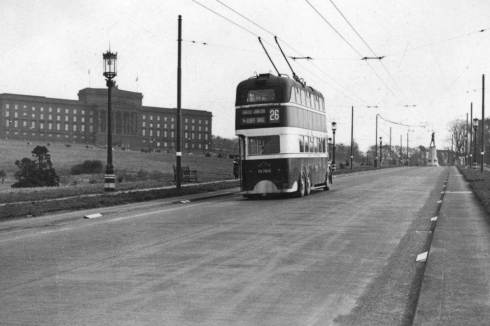 Stormont, painted black with pitch to camouflage it.Trolley bus no. 26. Belfast.  26/3/1942
BELFAST TELEGRAPH ARCHIVE/NMNI