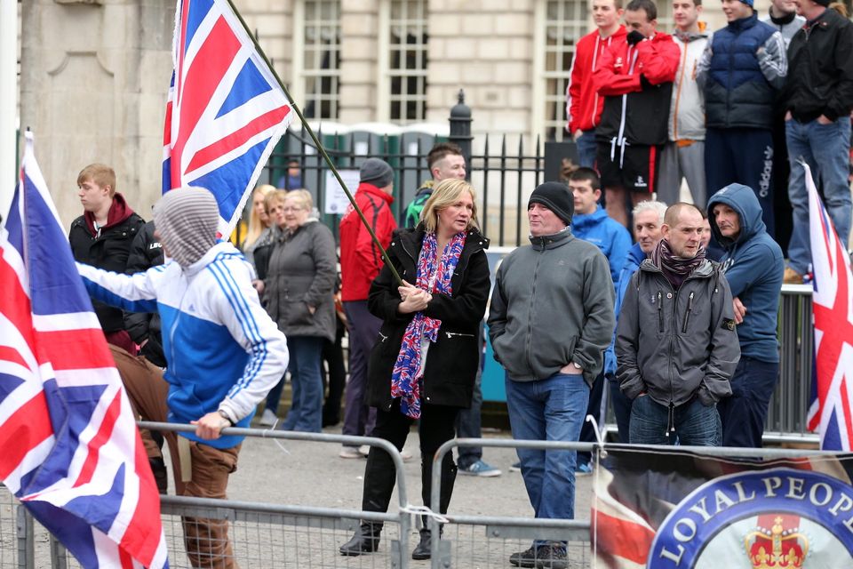 Loyalist protesters at Belfast City Hall after the St Patrick's Day Carnival parade in Belfast city centre. Picture by Press Eye