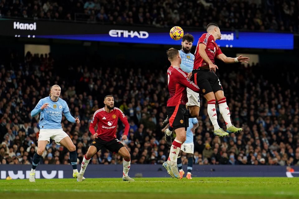 Manchester City’s Josko Gvardiol opens the scoring against United (Martin Rickett/PA)