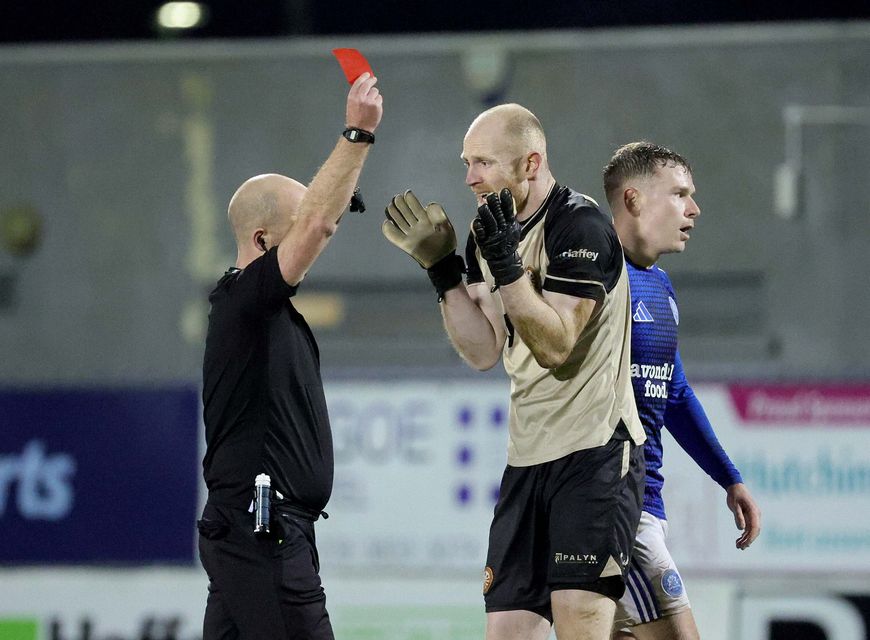 Portadown goalkeeper Aaron McCarey receives his marching orders