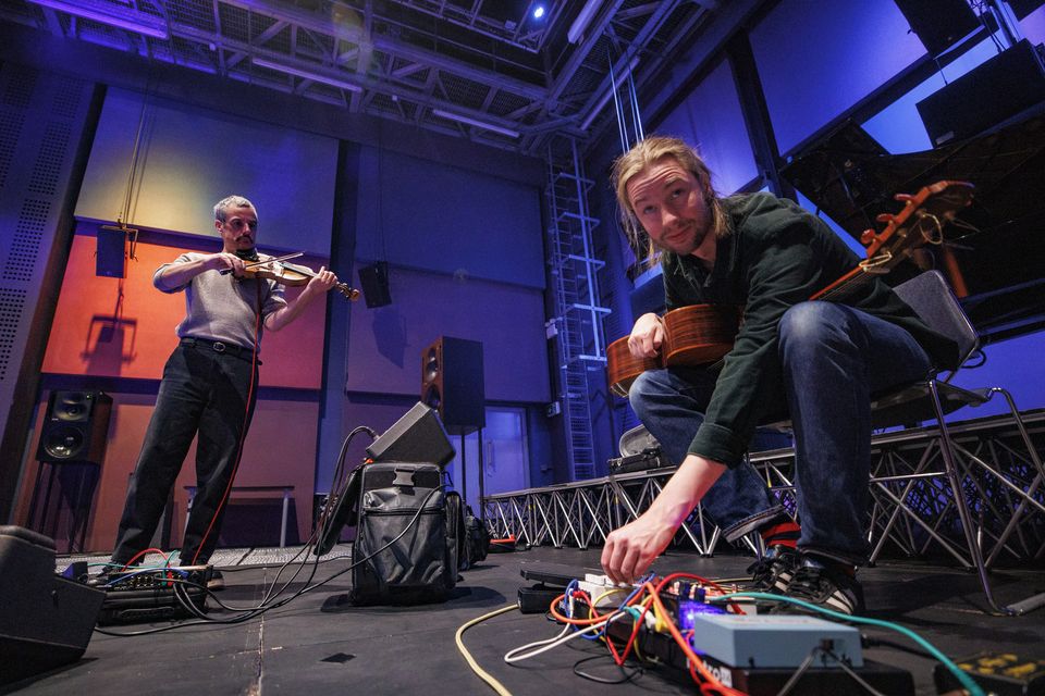 The Coras Trio use electronic patches to manipulate their sounds (Liam McBurney/PA)