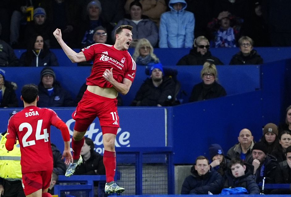 Chris Wood celebrates scoring Forest’s opener (Peter Byrne/PA)