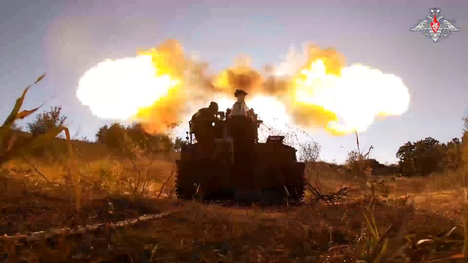 Russian soldiers fire a tank gun towards Ukrainian positions at an undisclosed location in the Kursk region (Russian Defence Ministry press service/AP)