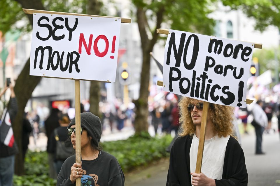 Protesters march carrying placards (Mark Tantrum/AP)