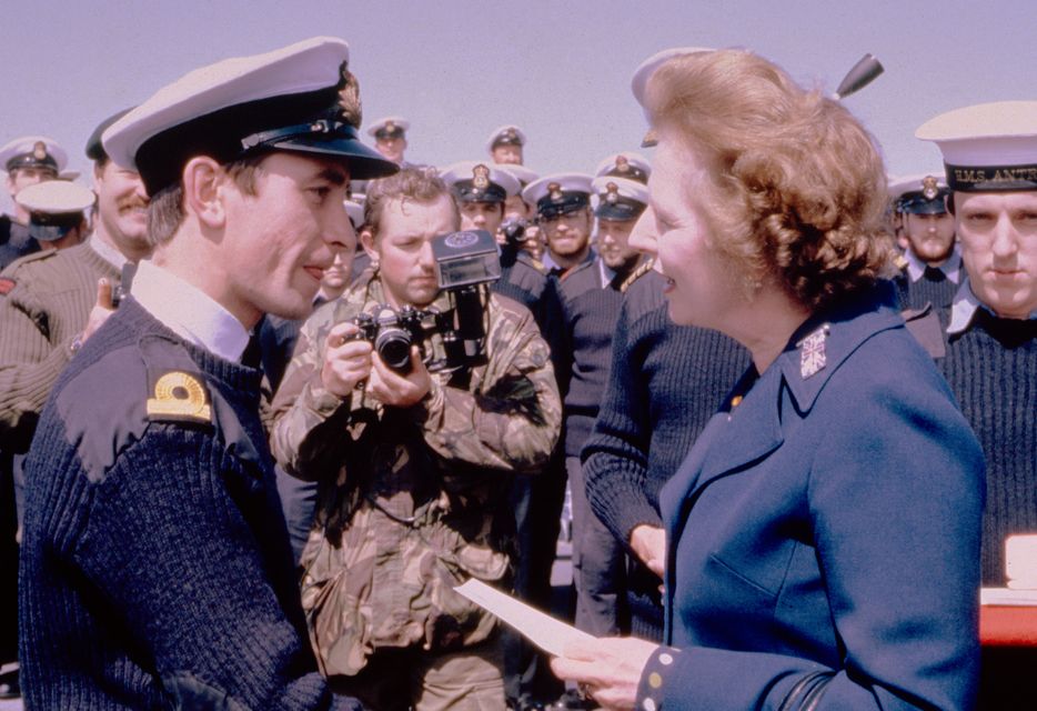 Prime Minister Margaret Thatcher meets personnel aboard HMS Antrim during her visit to San Carlos Water (PA Archive)