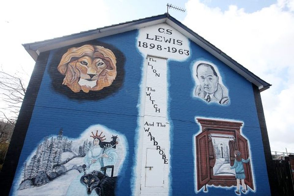 Belfast murals.  A mural off the Newtownards Road dedicated to 'The Lion, The Witch and The Wardrobe' author C.S Lewis who was from the area.  2010.