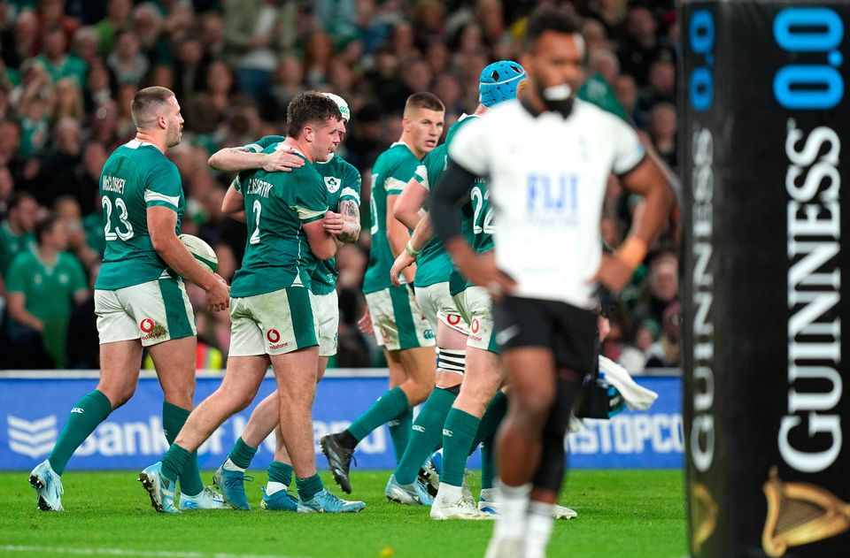 Gus McCarthy celebrates scoring Ireland's sixth try during his side's win against Fiji