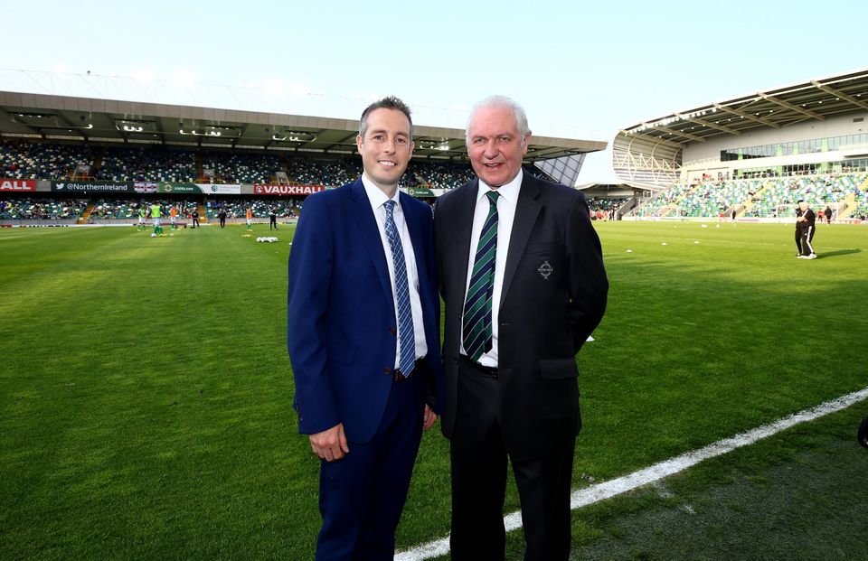 Press Eye - Belfast -  Northern Ireland - 27th May 2016 - Photo by William Cherry

Sports Minister Paul Givan MLA pictured at the National Stadium, Windsor Park with Northern Ireland President Jim Shaw. The Minister wished the Northern Ireland team every success as they continue their preparations for the European Championship Finals in France.