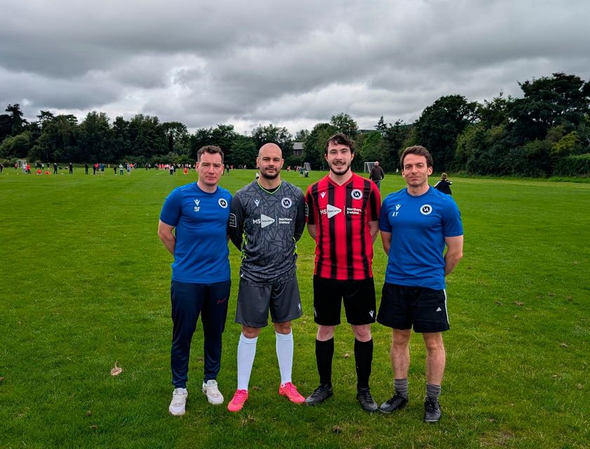 Stewart Finn, Mike Wilson, Second Team manager Jake Gilroy and First Team manager Adam Young with the new kits