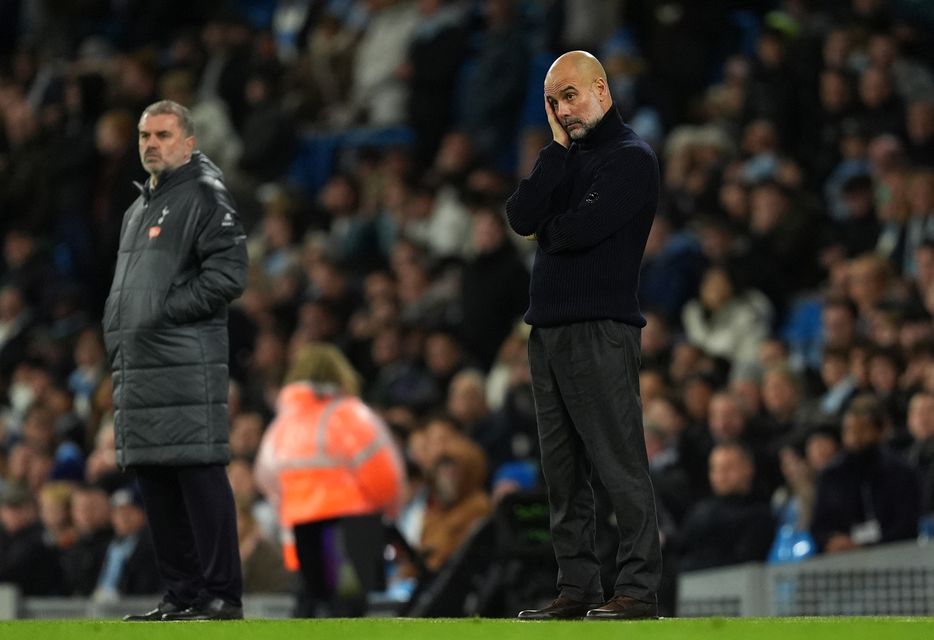 Pep Guardiola shows his frustration (Martin Rickett/PA)