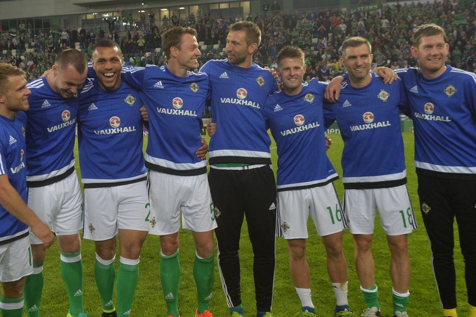 PACEMAKER BELFAST   27/05/2016
Northern Ireland v Belarus  Friendly International
Northern Ireland players celebrate with the fans after  this evenings Friendly International at Windsor park.
Photo Colm Lenaghan/Pacemaker Press