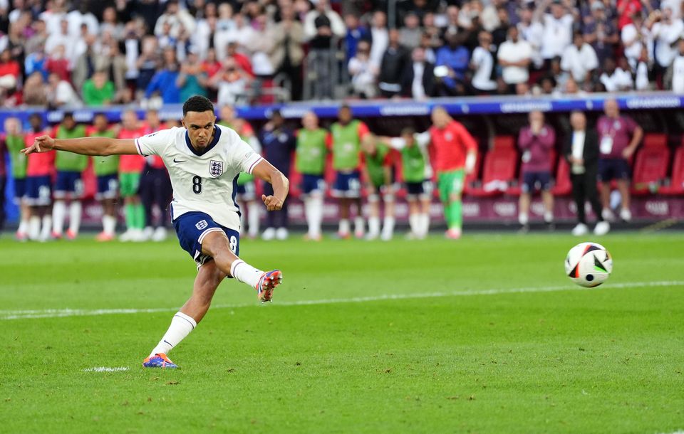 Trent Alexander-Arnold scored the winning kick as England beat Switzerland on penalties at Euro 2024 (Adam Davy/PA)