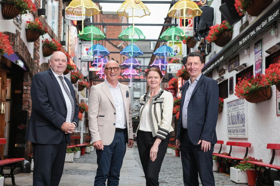 From left, Ciaran O’Neill, chair of HATS Network and managing director of Bishops Gate Hotel, Colin Neill, chief executive, Hospitality Ulster, Kate Nicholls, chief executive, UK Hospitality and David Roberts, director of strategic development, Tourism Northern Ireland