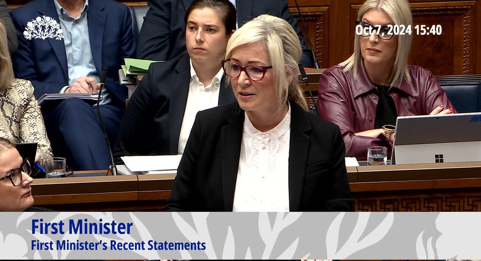 First Minister Michelle O’Neill answering questions in the Northern Ireland Assembly about her party’s handling of a former employee (NI Assembly Broadcasting/PA)