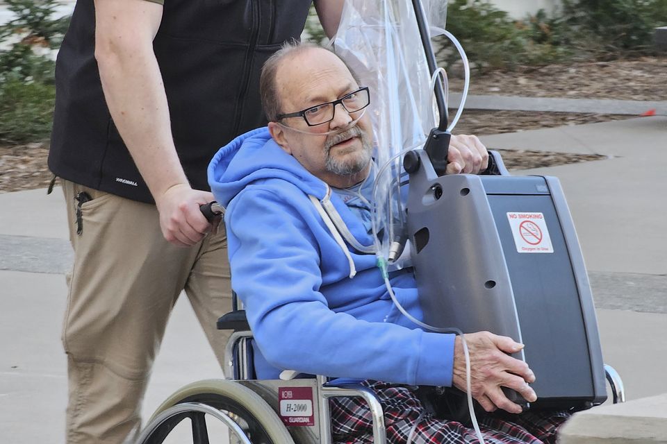 Jerry Hal Saliterman outside US District Court in St Paul, Minnesota, in March 2024 after he made his initial appearance on charges connected to the 2005 theft of a pair of ruby slippers worn by Dorothy in The Wizard Of Oz (Steve Karnowski/AP)