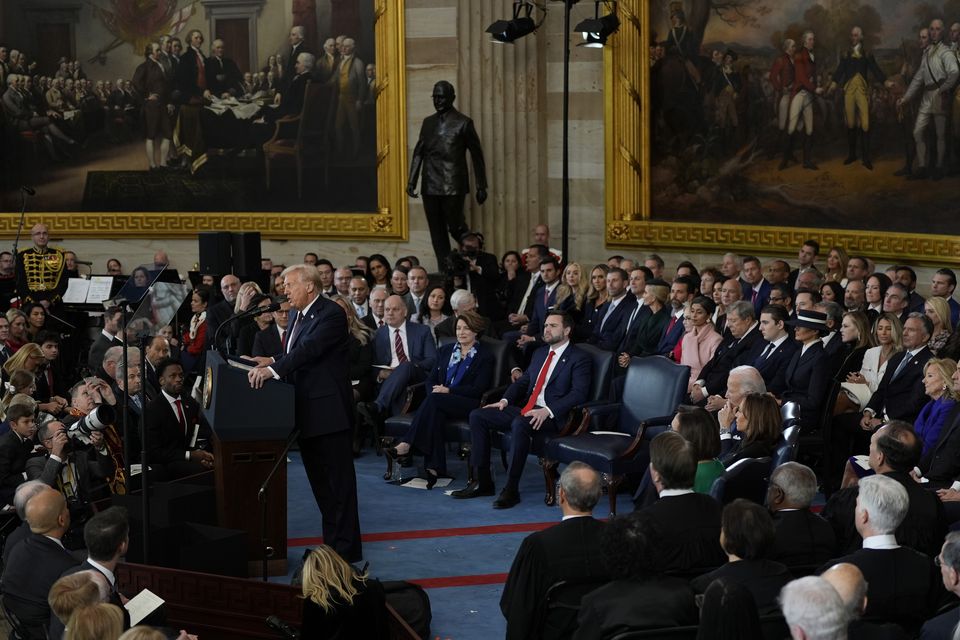 President Donald Trump gives his inaugural address during the 60th Presidential Inauguration in the Rotunda of the US Capitol in Washington (Julia Demaree Nikhinson, Pool/AP)