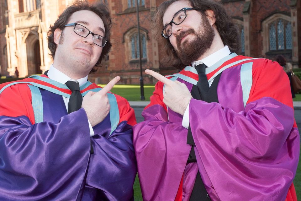 Twins Edward and Omar Zatriqi from Bangor celebrate graduating together for the third time at Queens University. The brothers each graduated today with a PhD in Composition, having previously graduated with undergraduate and Masters degrees from Queens School of Creative Arts.