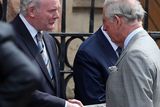 thumbnail: Prince Charles is greeted by First Minister Peter Robinson and Deputy First Minister Martin McGuinness St Patrick's Catholic Church on Donegal Street in Belfast City Centre as part of his trip to Ireland both North and South.   The church has been the focus of Orange Order parading issues in the last number of years.  Sinn Fein's Martin McGuinness follows up his meeting with the Queen by greeting Price Charles on his visit.