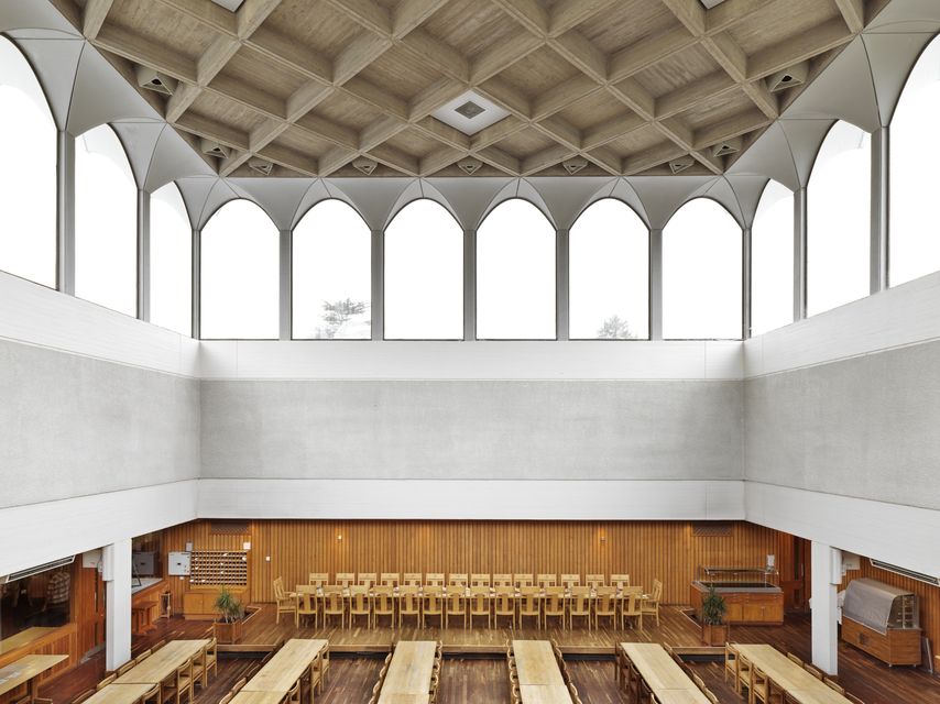 The cubed dining hall of Fitzwilliam College’s Central Hall (Historic England Archive/PA)