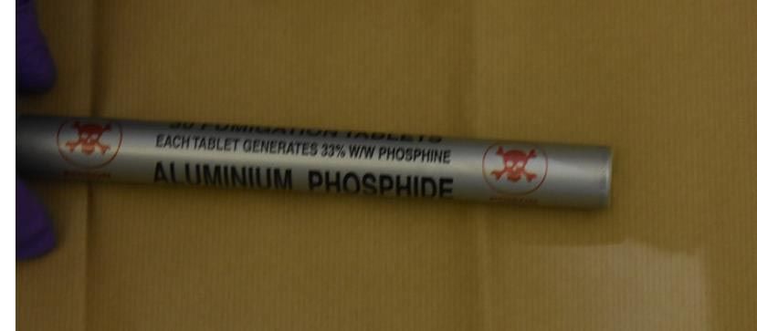 One of the tubes of aluminium phosphide used for fumigation (CPS/PA)