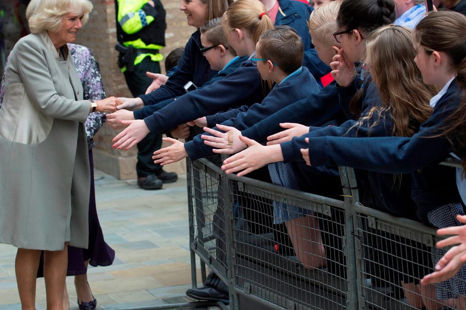 BELFAST, NORTHERN IRELAND - MAY 21:  Patron of The Big Lunch Camilla, Duchess of Cornwall greets well wishers on May 21, 2015 in Belfast, Northern Ireland. Prince Charles, Prince of Wales and Camilla, Duchess of Cornwall will attend a series of engagements in Northern Ireland following their two day visit in the Republic of Ireland.  (Photo by Arthur Edwards  - WPA Pool/Getty Images)