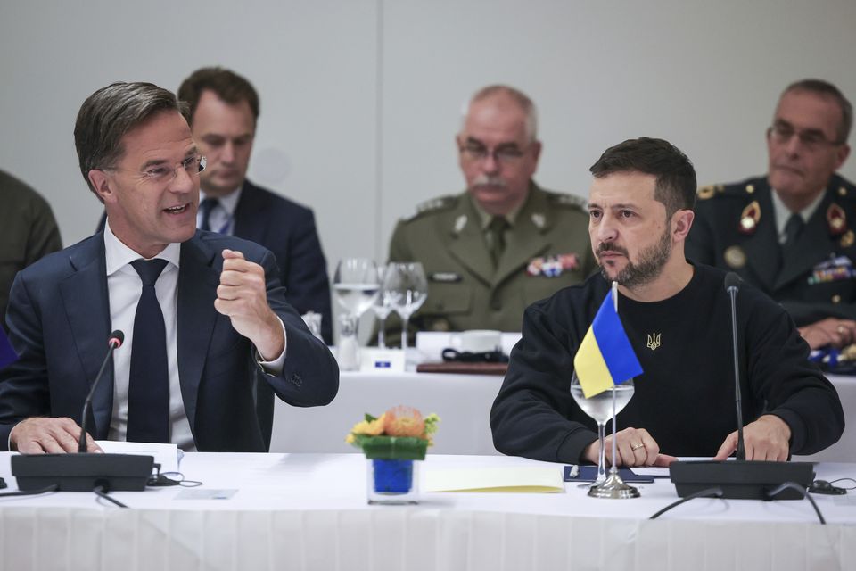 Nato secretary-general Mark Rutte, left, with Ukraine’s President Volodymyr Zelensky during a meeting at Nato headquarters in Brussels (Olivier Matthys, Pool Photo via AP)