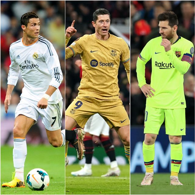 Robert Lewandowski, centre, joins Cristiano Ronaldo, left, and Lionel Messi with 100 Champions League goals to his name (Adam Davy/Martin Rickett/Peter Byrne/PA)