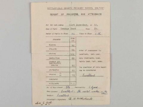 A copy of George Best's 1953 primary school report from Nettlefield Primary School in Belfast