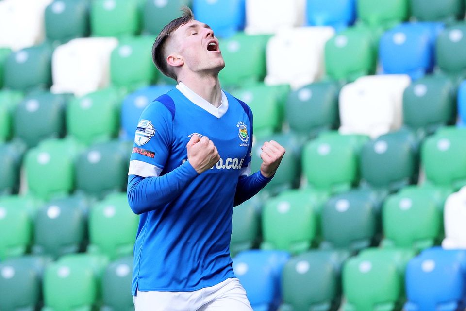 Chris McKee celebrates the first of his two goals for Linfield in their thumping home win over Newry City