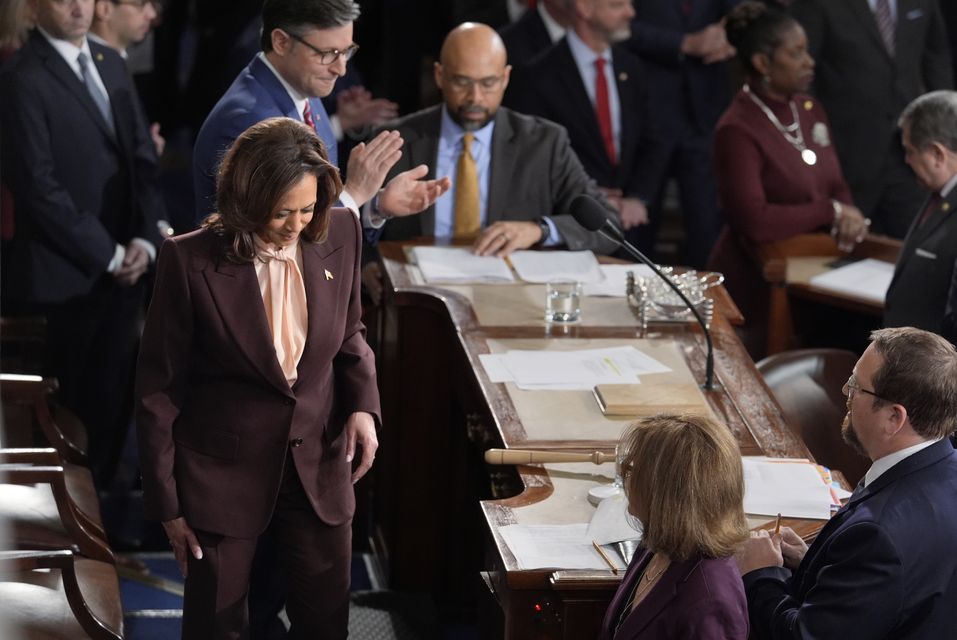 Kamala Harris, left, joined at the top by Speaker of the House Mike Johnson, finishes her role at a joint session of Congress to certify the votes from the Electoral College (AP/J Scott Applewhite)