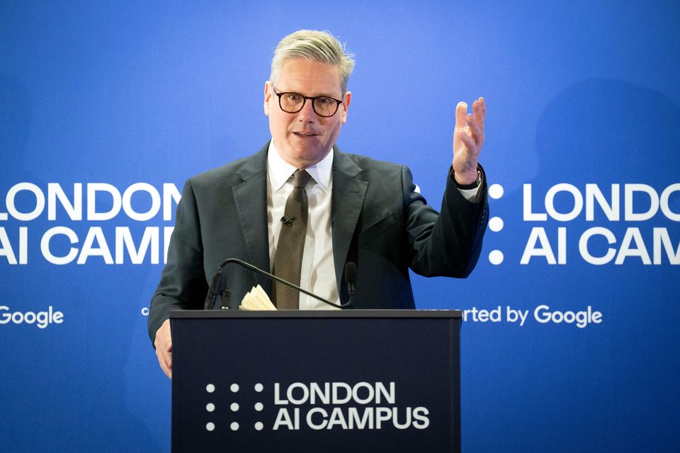 Prime Minister Sir Keir Starmer gives a speech during a visit to Google’s new AI Campus in Somers Town, north-west London (Stefan Rousseau/PA)