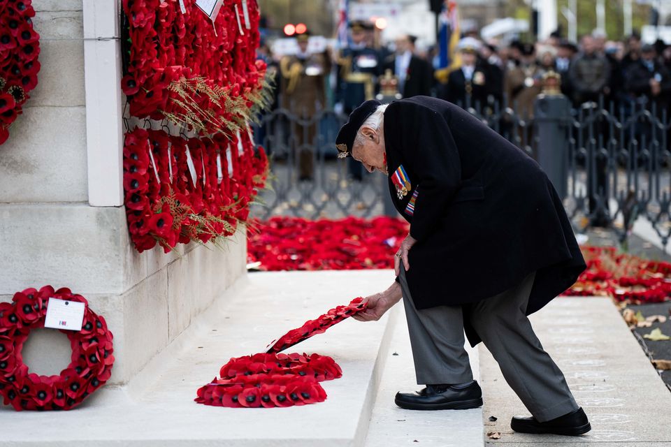 D-Day veteran Mervyn Kersh, 99,  lays a wreath during the annual parade by AJEX, the Jewish Military Association (Aaron Chown/PA)