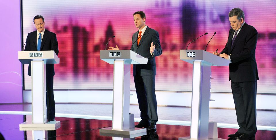 David Cameron (left), Nick Clegg (centre) and Gordon Brown go head-to-head in the 2010 general election – the first to feature TV debates (Jeff Overs/BBC/PA)