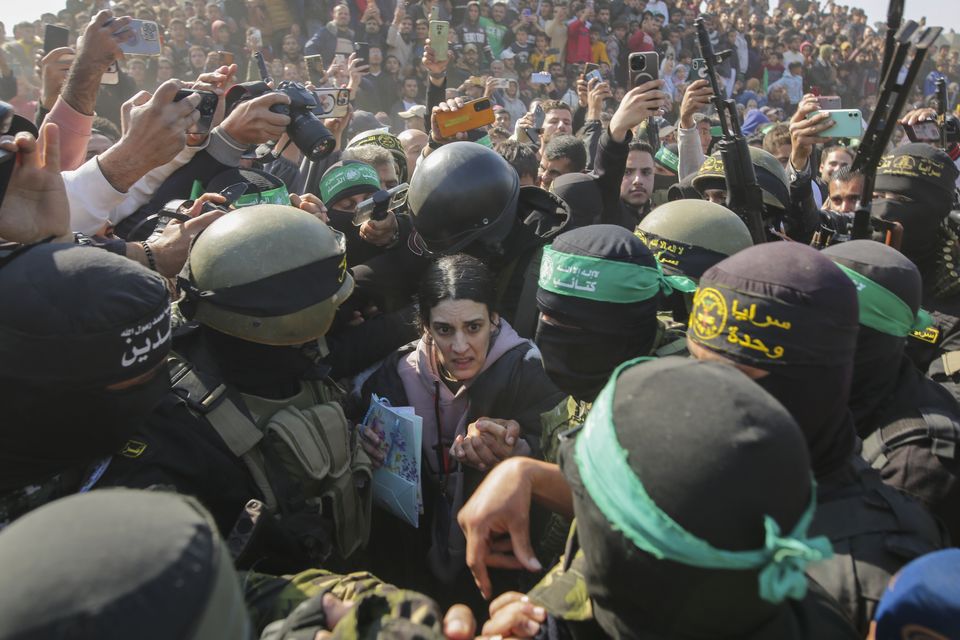 Israeli captive Arbel Yehoud is handed over to the Red Cross in Khan Younis (Jehad Alshrafi/AP)