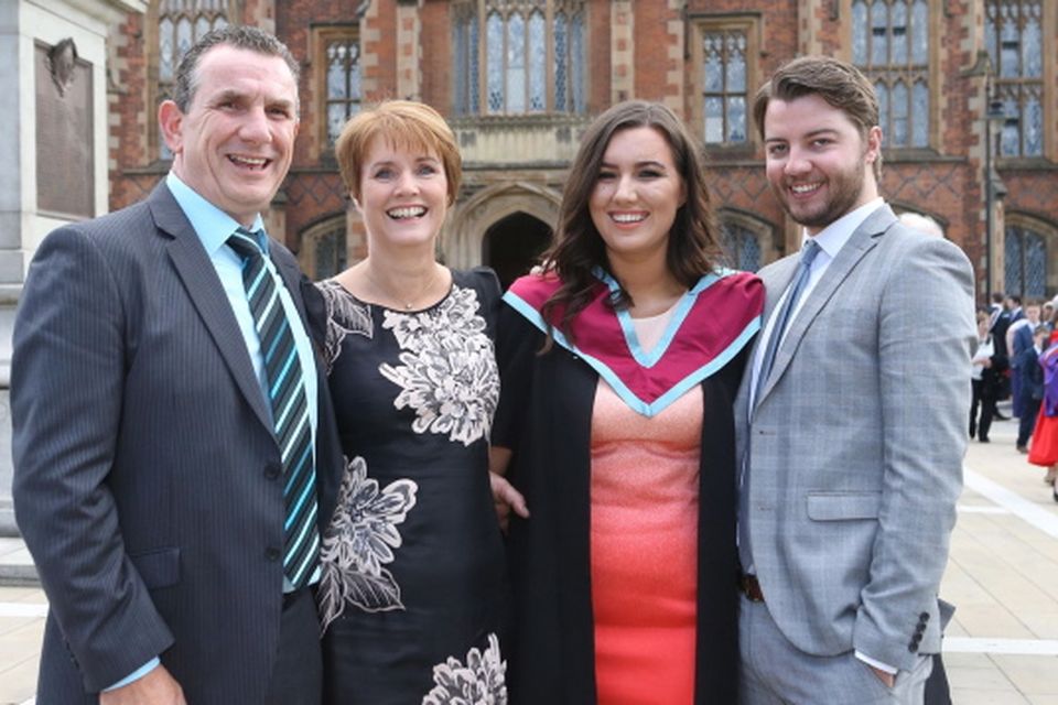 Trudy Anderson from Lurgan celebrates her graduation at Queens University alongside her dad Trevor, mum Helen and boyfriend Ross Uprichard. Trudy graduated with a Masters in Architecture.
Photo/Paul McErlane